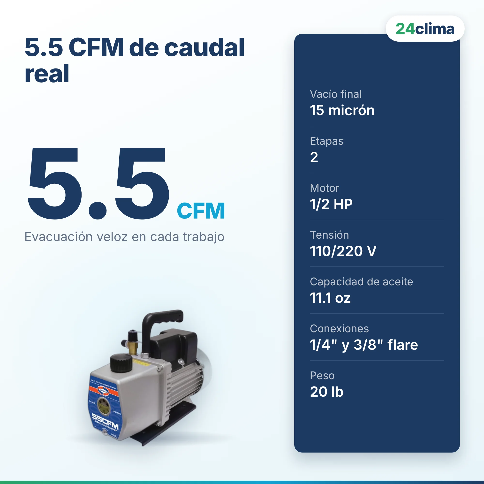 Bomba de vacío Uniweld U5VP2 de 5.5 CFM, 2 etapas, 1/2 HP, 110/220 V